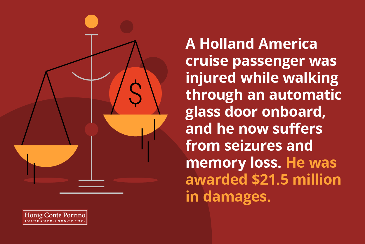 A Holland America cruise passenger was injured while walking through an automatic sliding glass door onboard and he now suffers seizures and memory loss. He was awarded $21.5 million in damages.